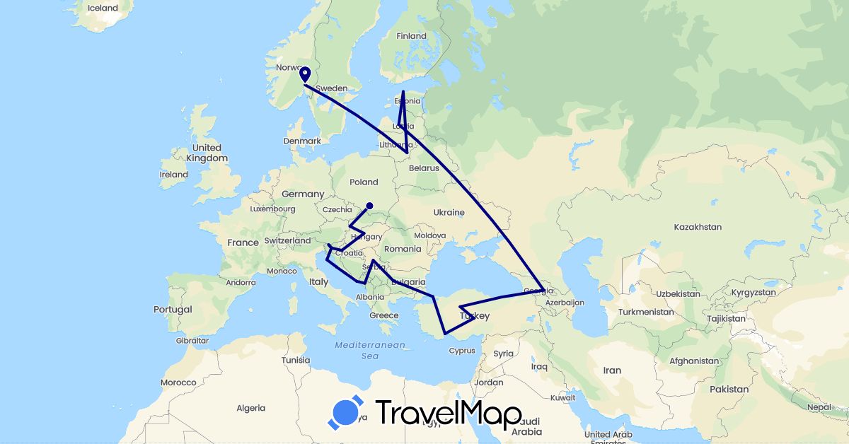 TravelMap itinerary: driving in Bulgaria, Estonia, Georgia, Croatia, Hungary, Lithuania, Latvia, Montenegro, Norway, Poland, Serbia, Slovenia, Slovakia, Turkey (Asia, Europe)